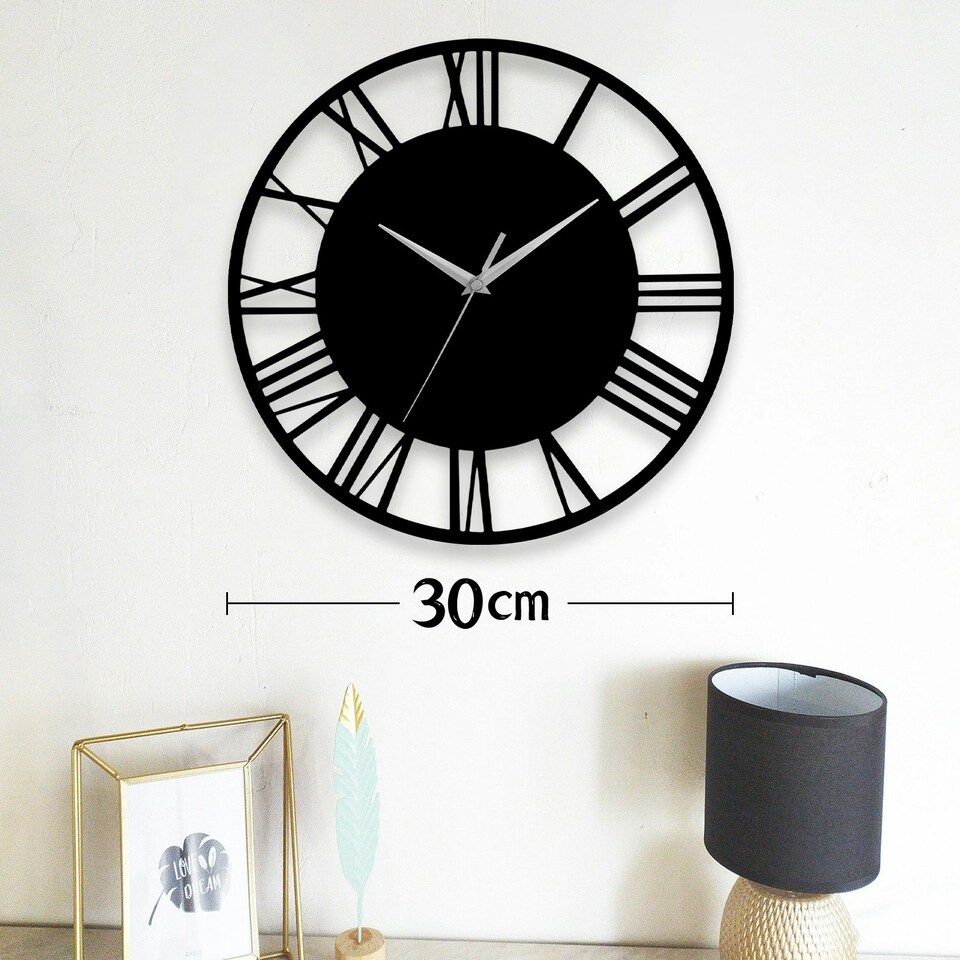 image 1 of Living and Home Silent Round Wood Wall Clock Roman Numeral - Black | Black
