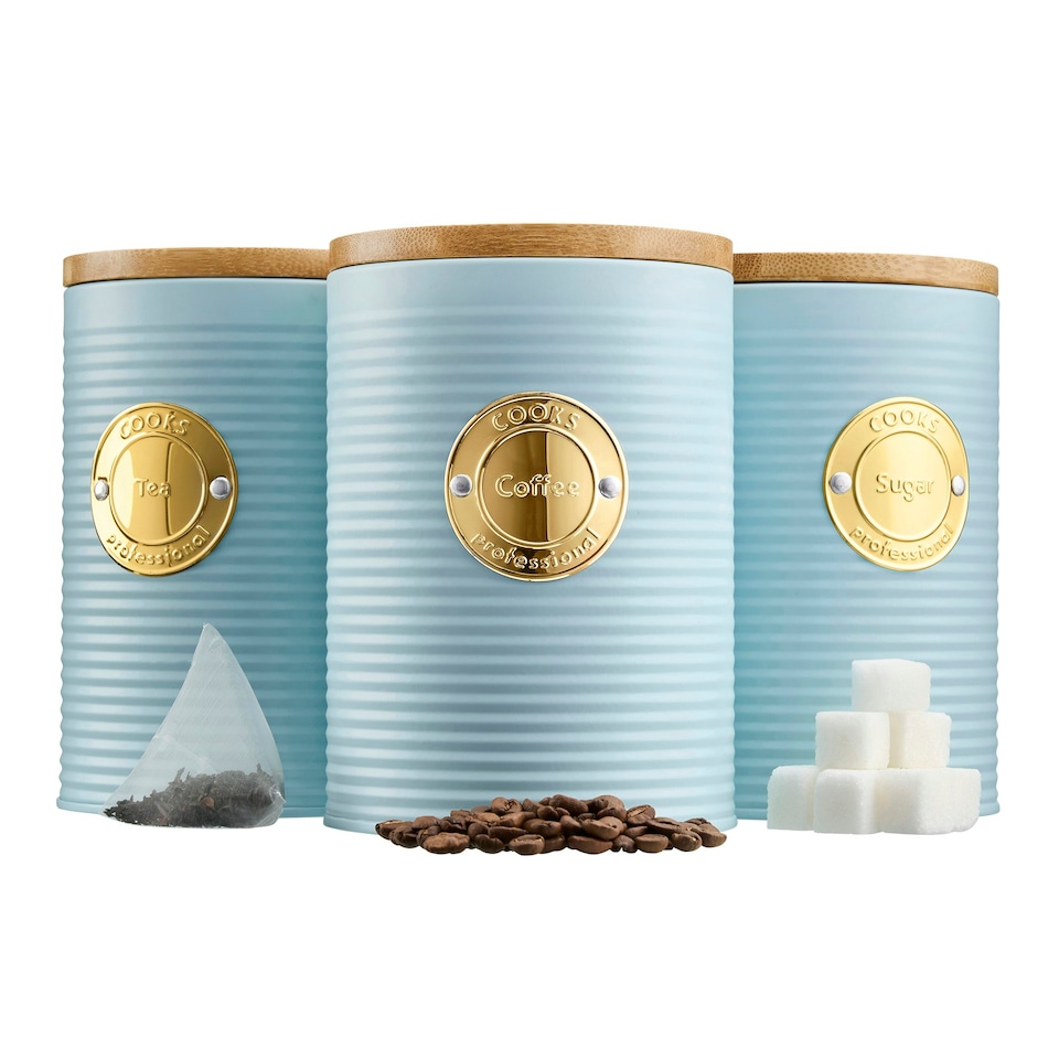 image 1 of Cooks Professional 3 Piece Ribbed Tea, Coffee, & Sugar Cannisters with Bamboo Lids | Stainless Steel Kitchen Storage Bins | Blue & Gold