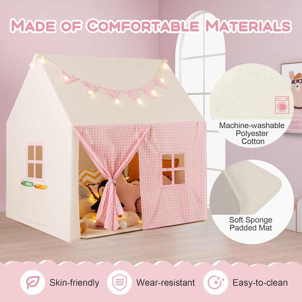 image 1 of COSTWAY Kids Play Tent Indoor Large Playhouse with Mat & Star Lights-Pink