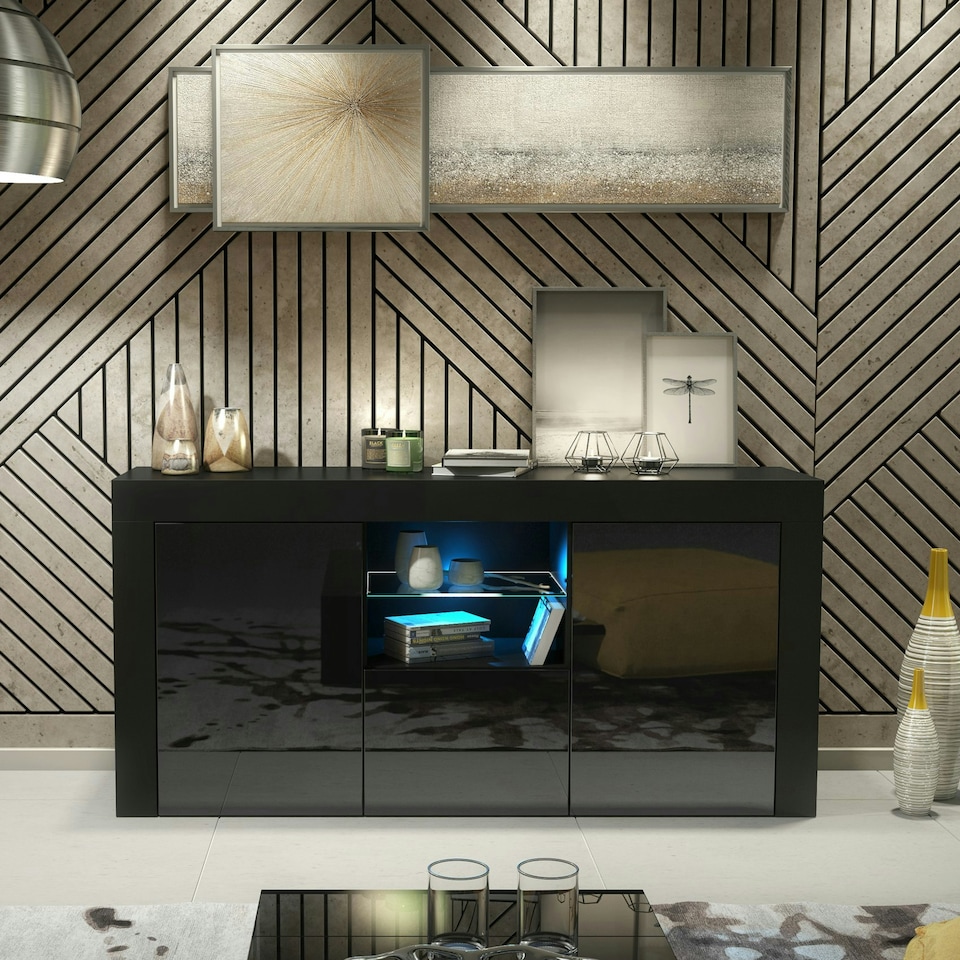 image 1 of Black TV Unit 145cm Gloss Doors Free LED Modern Media Cabinet Black