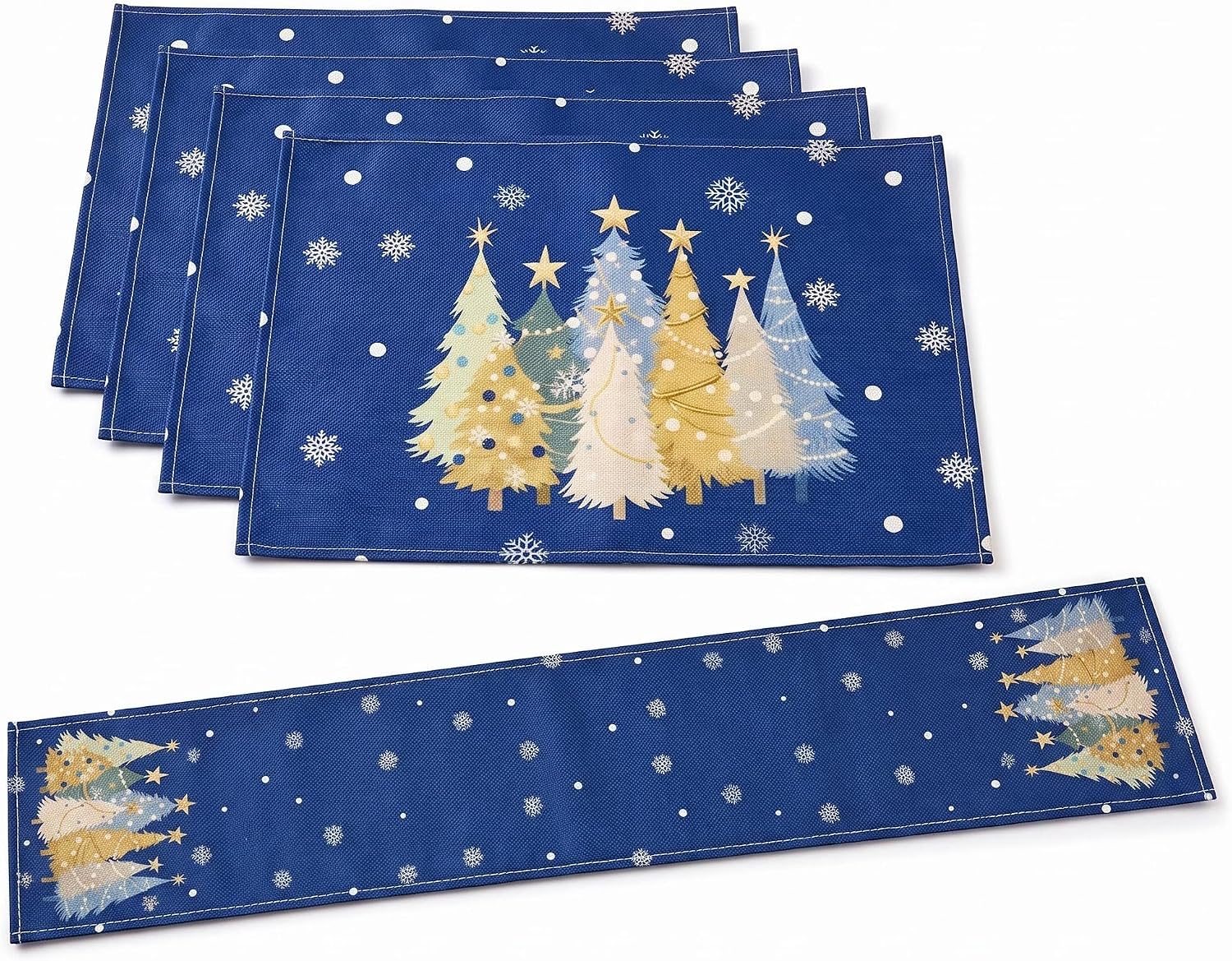 Christmas Table Runner Set, 5 Piece Blue Festive Table Decor with Placemats & Tree Pattern, for Home Holiday Dinner Party, Blue