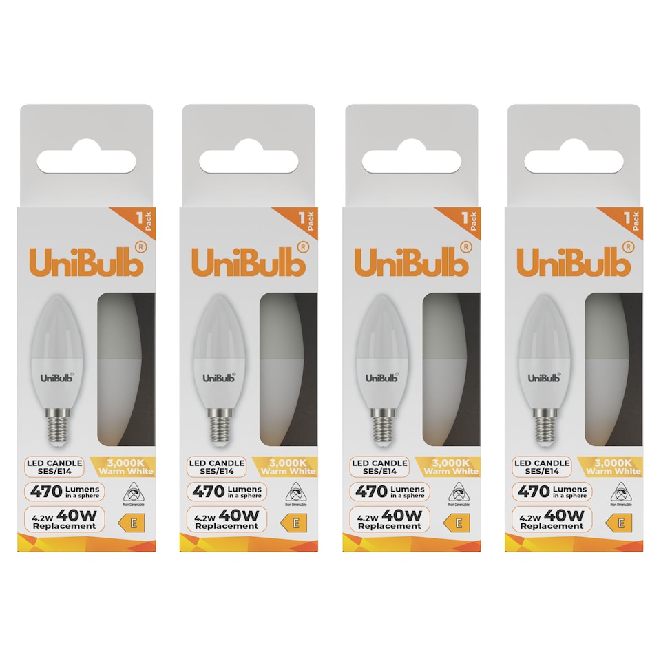 image 1 of UniBulb LED Candle E14 Small Edison Screw (SES) 470lm 4.2W (Replaces 40W) 3000K (Warm White) Light Bulb - Pack of 4