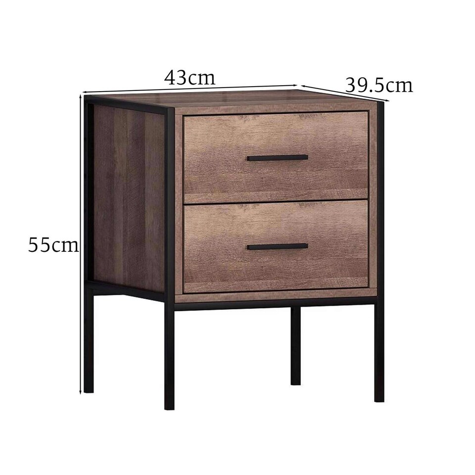 image 1 of FWStyle Loft Industrial 2 Drawer Bedside Table Wood Effect Black Metal Frame