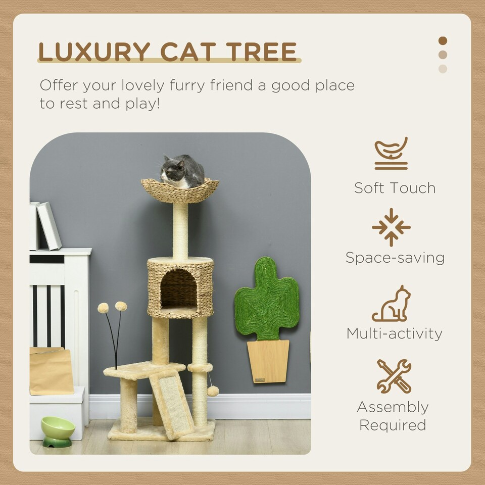 image 1 of PawHut 116cm Cat Tree Tower with Scratching Posts, House, Bed, Ramp, Beige