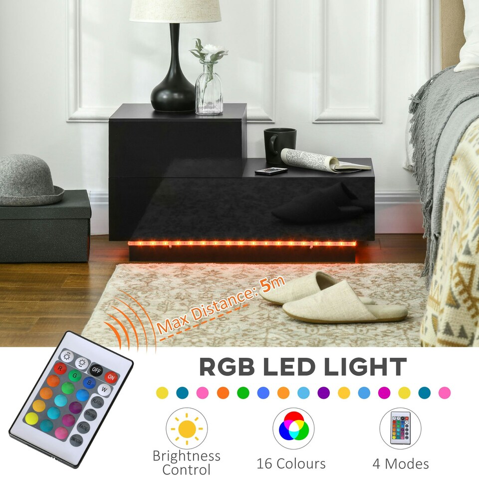 image 1 of HOMCOM High Gloss Front Bedside Table Nightstand with LED Light Remote Black