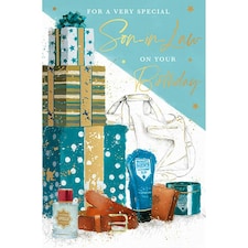 Words 'n' Wishes Very Special Son-in-Law Birthday Card, Gifts, Aftershave and Belt with Embossed Foil Finish