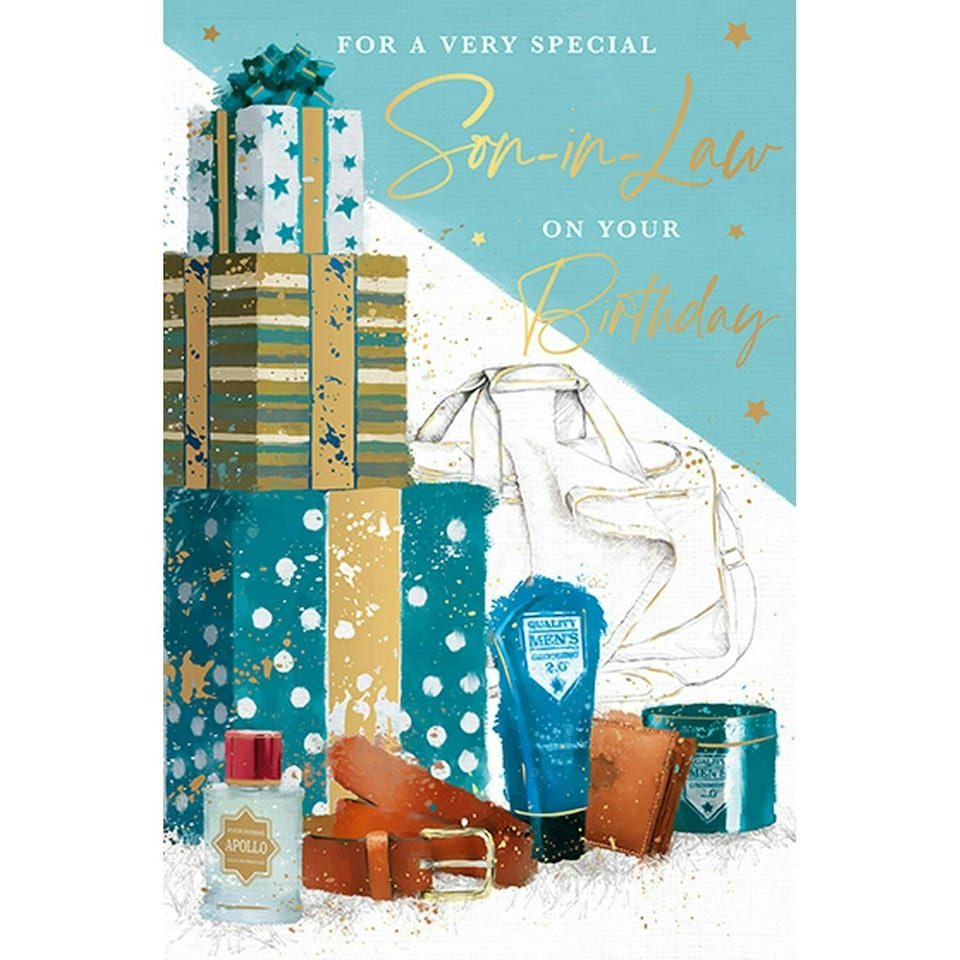 Words 'n' Wishes Very Special Son-in-Law Birthday Card, Gifts, Aftershave and Belt with Embossed Foil Finish