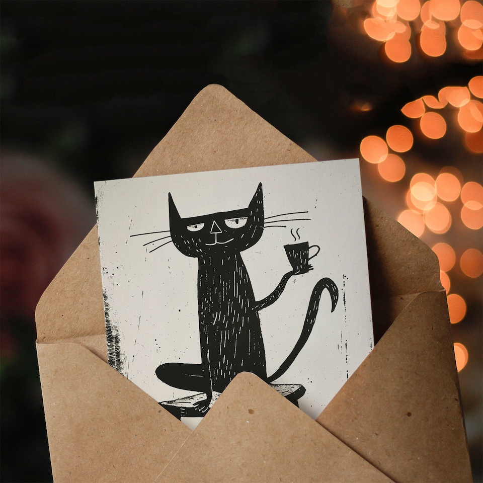 image 1 of Cat Lover Drinking Coffee Black Cartoon Birthday Card