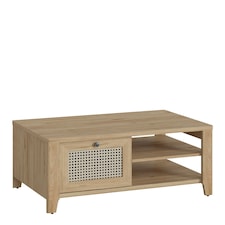 Cestino Coffee Table with 1 Drawer in Jackson Hickory Oak and Rattan Effect