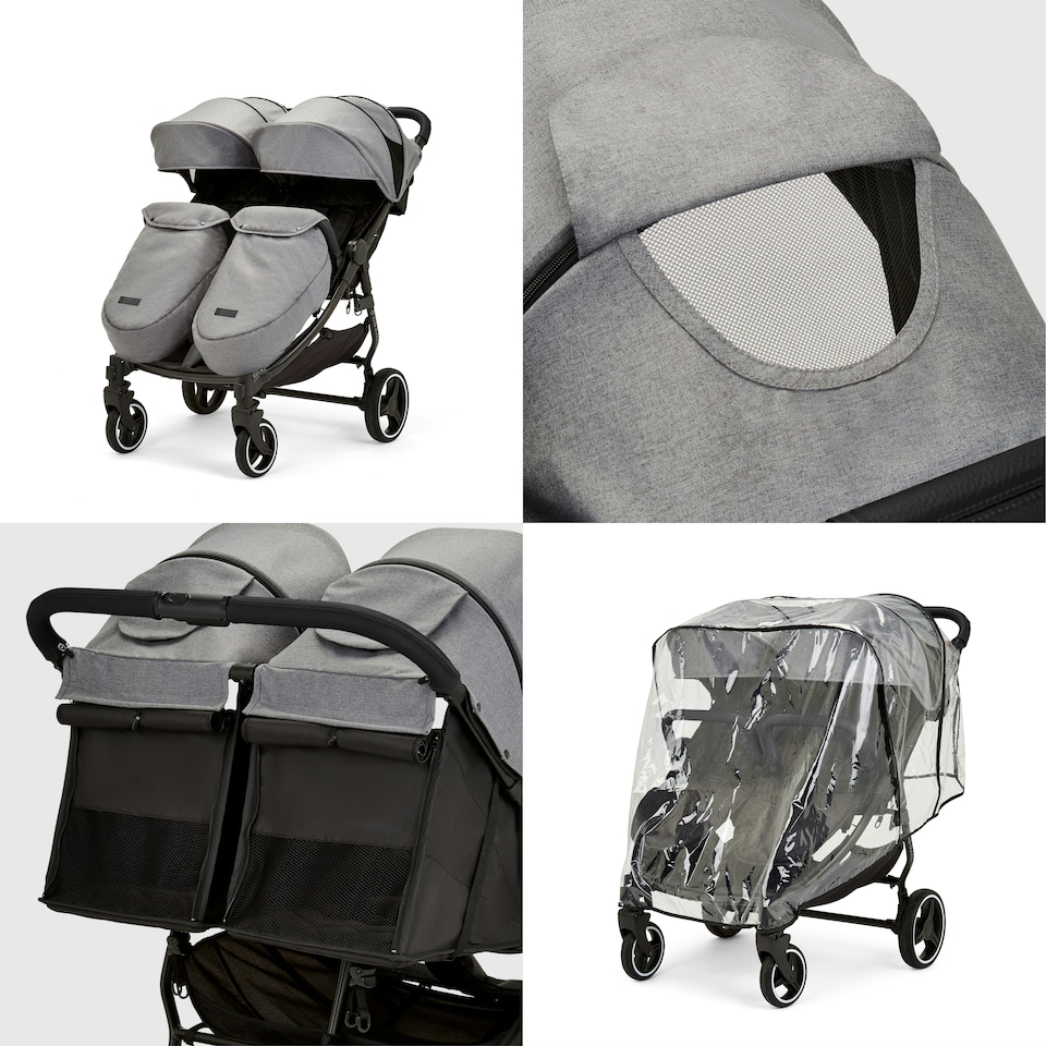 image 1 of Venus Max Double Stroller - Birth to 15kgs (Approx. 3 Years), Compact, Lightweight, Foldable Twin Pushchair,  2 Quilted Footwarmers & Rain Cover (Space Grey)