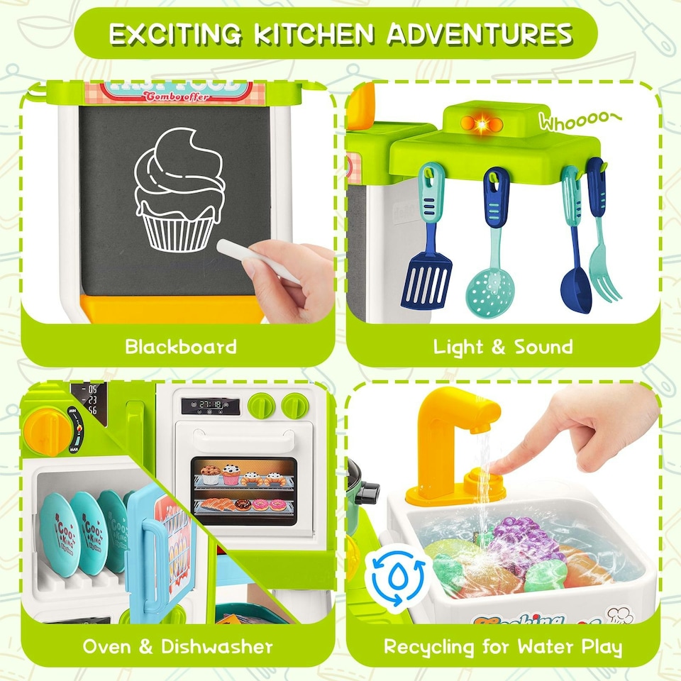 image 1 of Large Kitchen Playset for Kids (Green) - Pretend Cooking Toy Gift for Boys & Girls