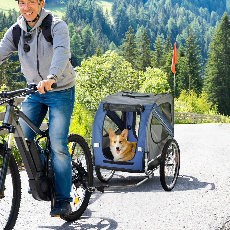 image 1 of PawHut Pet Bicycle Trailer Dog Cat Bike Carrier Water Resistant Blue Outdoor