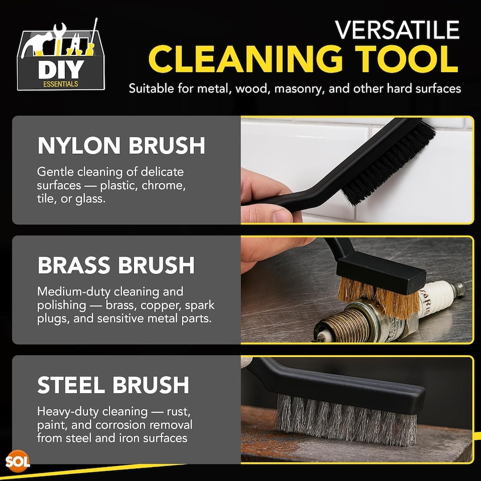 image 1 of 3pk Mini Wire Brush Set – Nylon, Brass & Stainless Steel Brushes for Rust Removal, Polishing & Cleaning Metal, Wood, Automotive & DIY Tasks