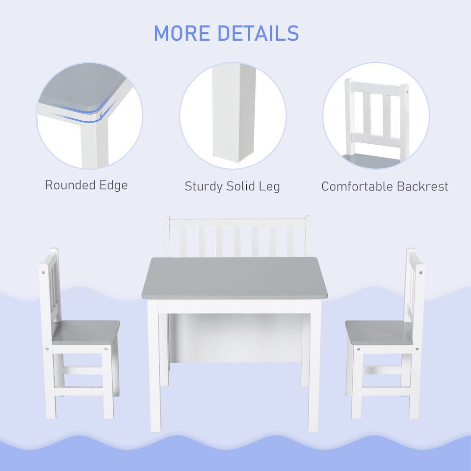 image 1 of HOMCOM 4-Piece Set Kids Wood Table Chair Bench w Storage Function for 3 Years