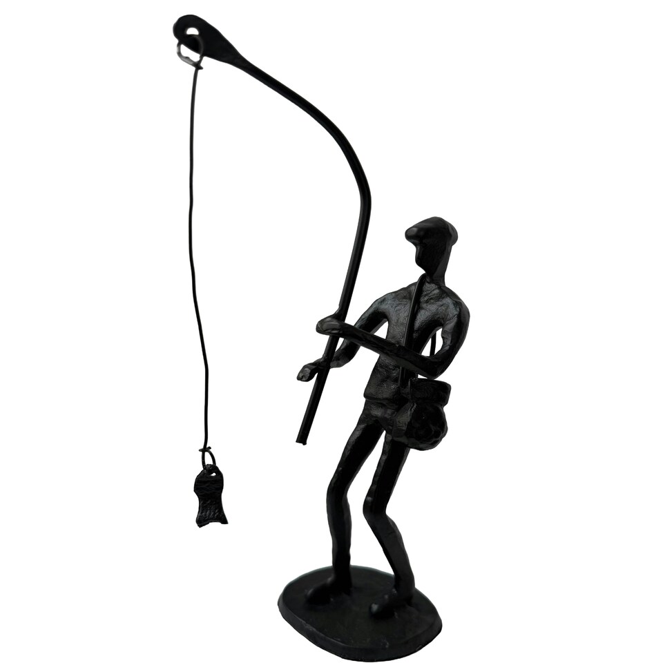 image 1 of Metal Sculpture off a Man with a Fishing Rod Reeling in his Catch Rustic Figurine Hobby Gift Sweet Memories Grandfather Father Son Vintage Decor Gift Present