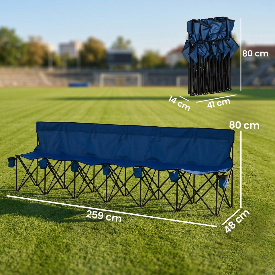 image 1 of Outsunny 6 Seater Folding Bench Camping Chair with Cup Holder, Blue | Blue | Blue