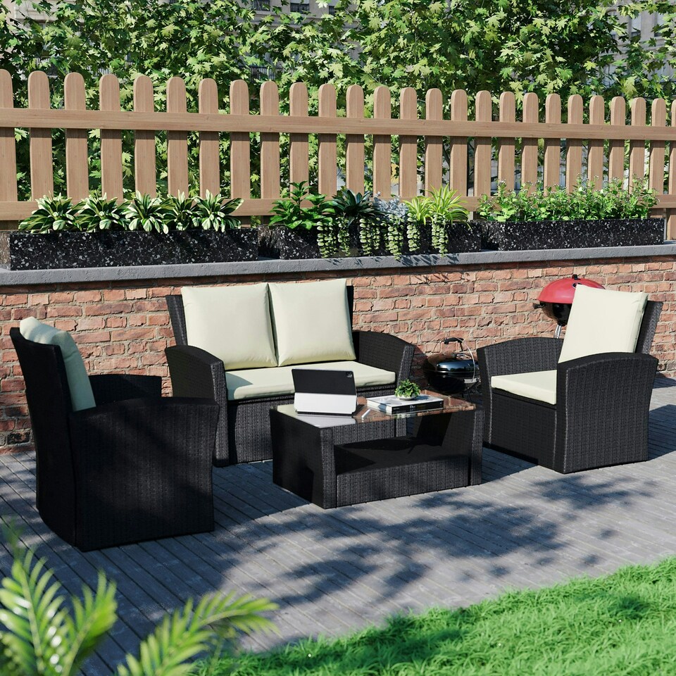 image 1 of Garden Vida Mylor 4 Seater Rattan Set Chair Sofa Coffee Table Outdoor Garden Furniture, Black