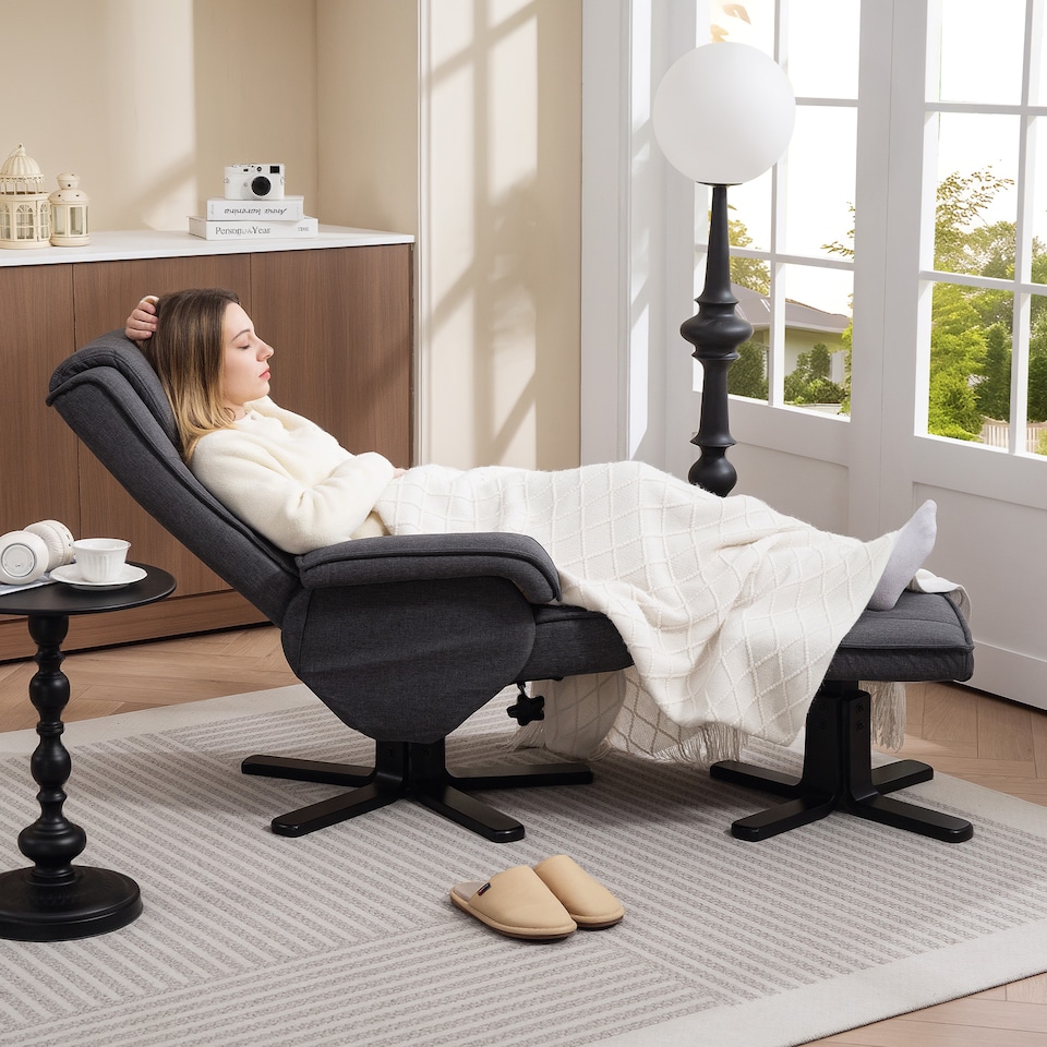 image 1 of HOMCOM Swivel Recliner Chair with Footstool, Linen Fabric Recliner Armchair with Ottoman, Wood Base, Upholstered Reclining Chair for Living Room, Bedroom, Office, Charcoal Grey | Grey | Charcoal grey