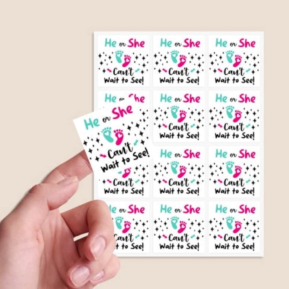 image 1 of Can't Wait to See Gender Reveal Square Stickers 65mm - Sheet of 12