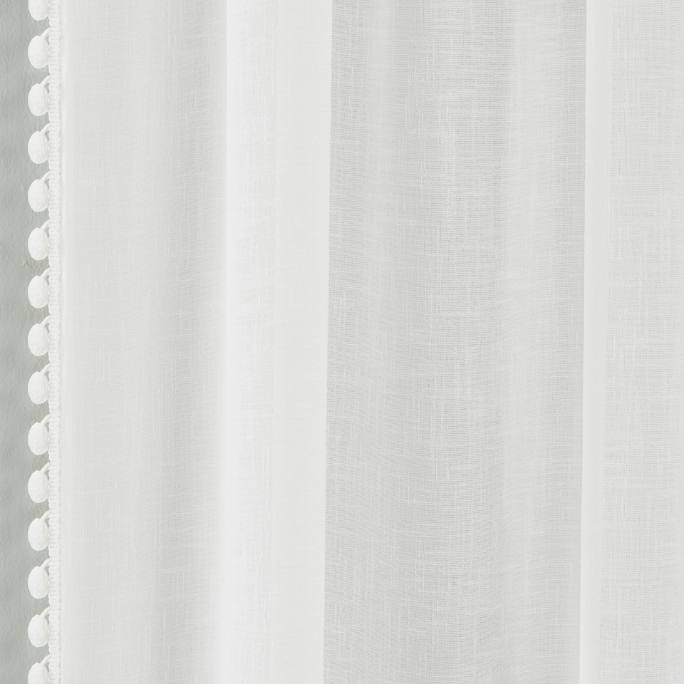 image 1 of Pair of Tahiti White Pom Pom Trim Voile Panels 183 cm (72 inch) Rod Pocket Linen Look Panels for Bedroom and Living Room