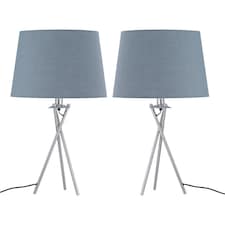 First Choice Lighting Set of 2 Tripod Table Lamps with Grey Cotton Fabric Shades Chrome | Grey