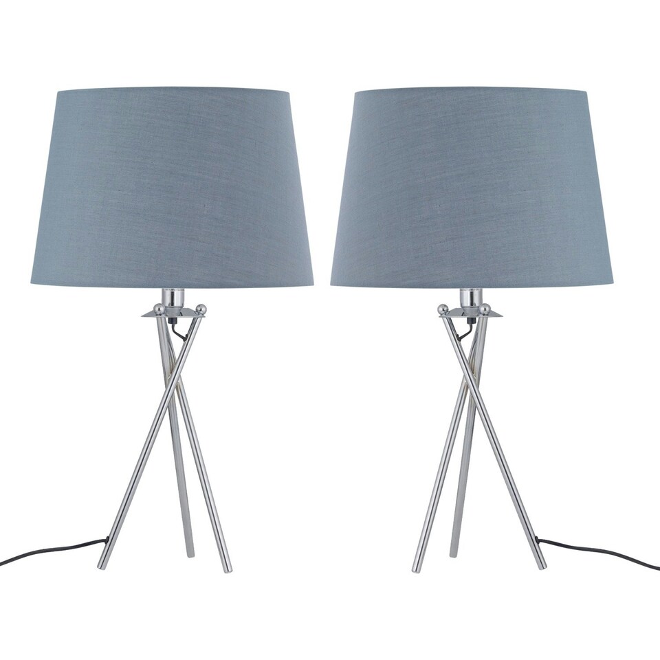 image 1 of First Choice Lighting Set of 2 Tripod Table Lamps with Grey Cotton Fabric Shades Chrome | Grey