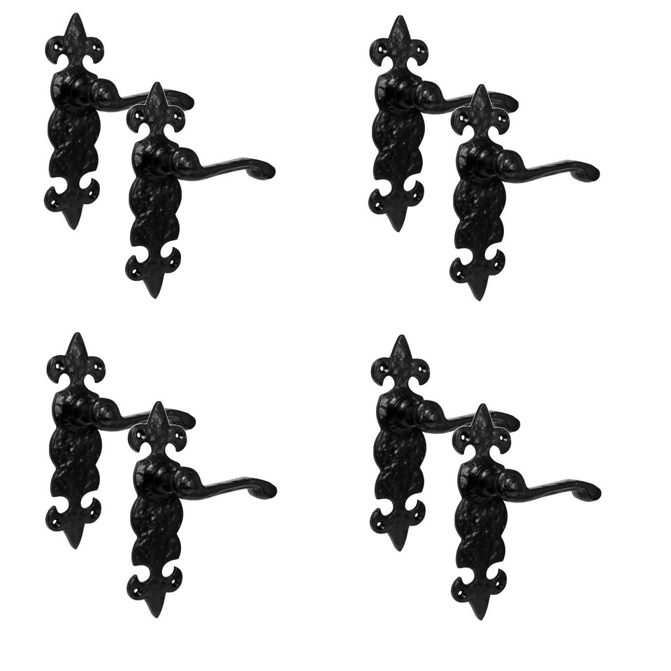 image 1 of Golden Grace 4 Pairs Antique Fleur De LYS Door Handles Latch in Black Finish Black