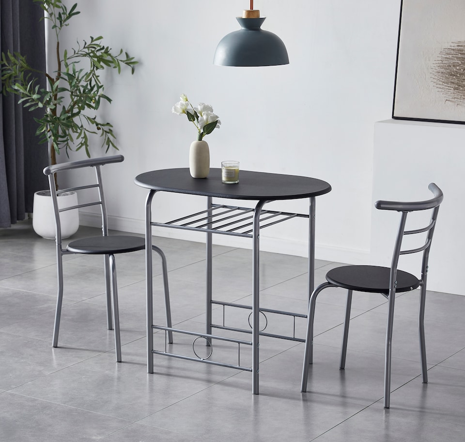 image 1 of Kitchen Breakfast Bar Small Dining Table and 2 chairs Set with Metal frame -Black