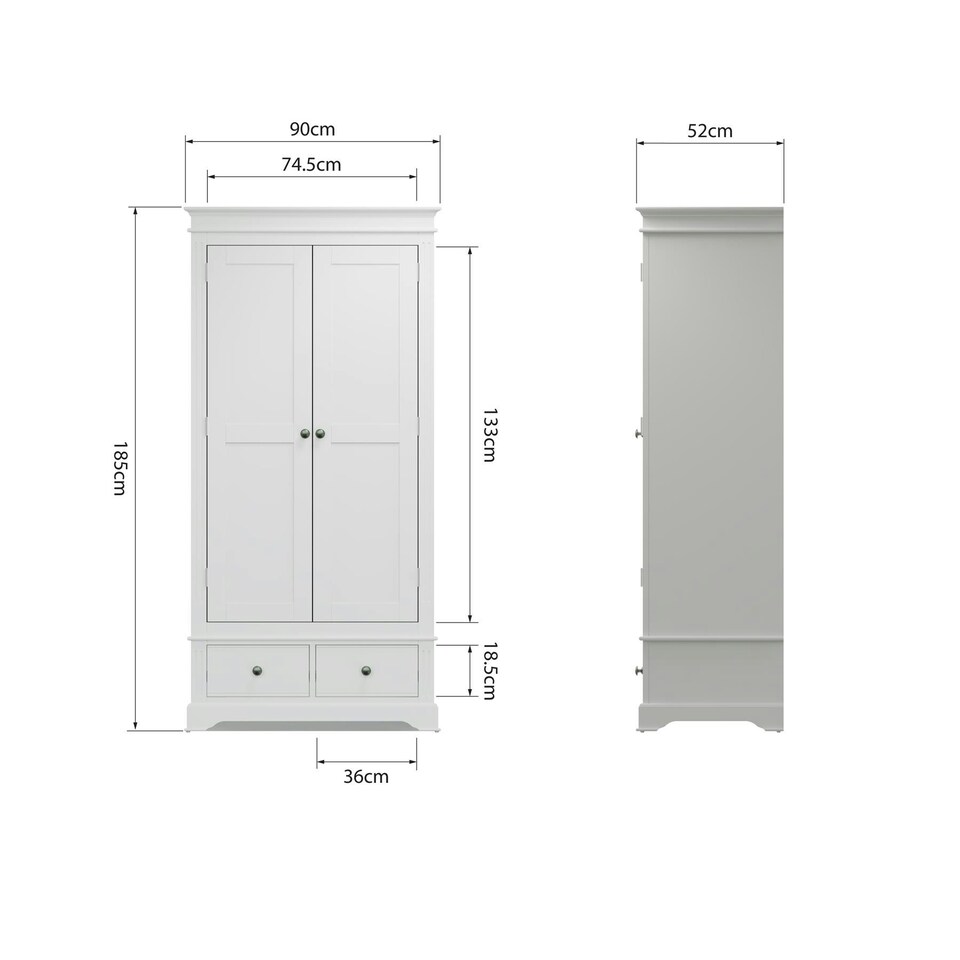 image 1 of 2 Door Wardrobe 2 Storage Drawers Hanging Clothes Rail White Pine and MDF White