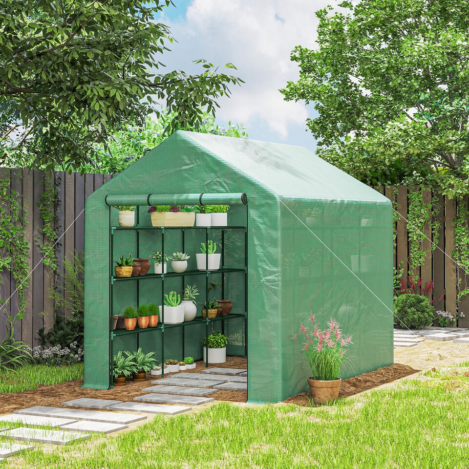 image 1 of Outsunny Walk-in Garden Greenhouse Shelves Polytunnel Steeple Grow House