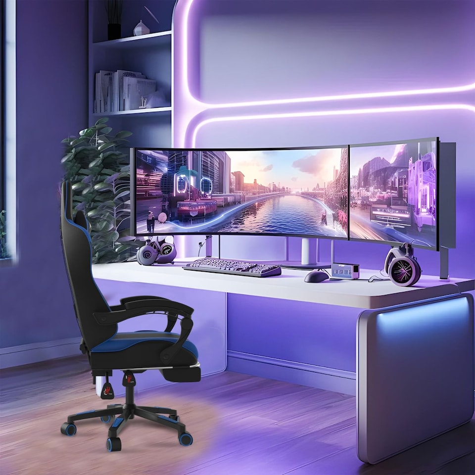 image 1 of Alivio Ergonomic Gaming Chair with Massage Lumbar Cushion & Retractable Footrest, PU Leather Video Game Chair (Blue)