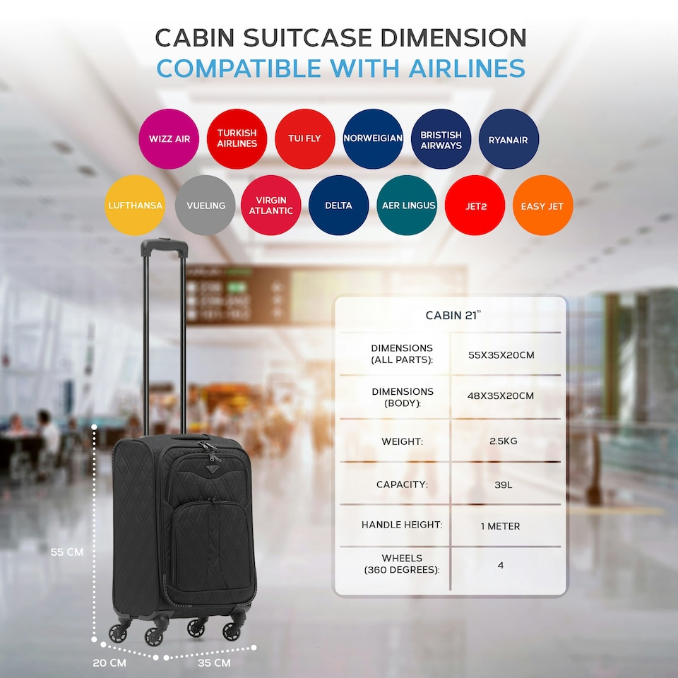 image 1 of Flight Knight Lightweight 4 Wheel 800D Soft Case Suitcase Robust Anti Crack Cabin Carry On Hand Luggage 100+ Airlines Approved - easyJet, BA & Many More! | Black | Cabin Bag