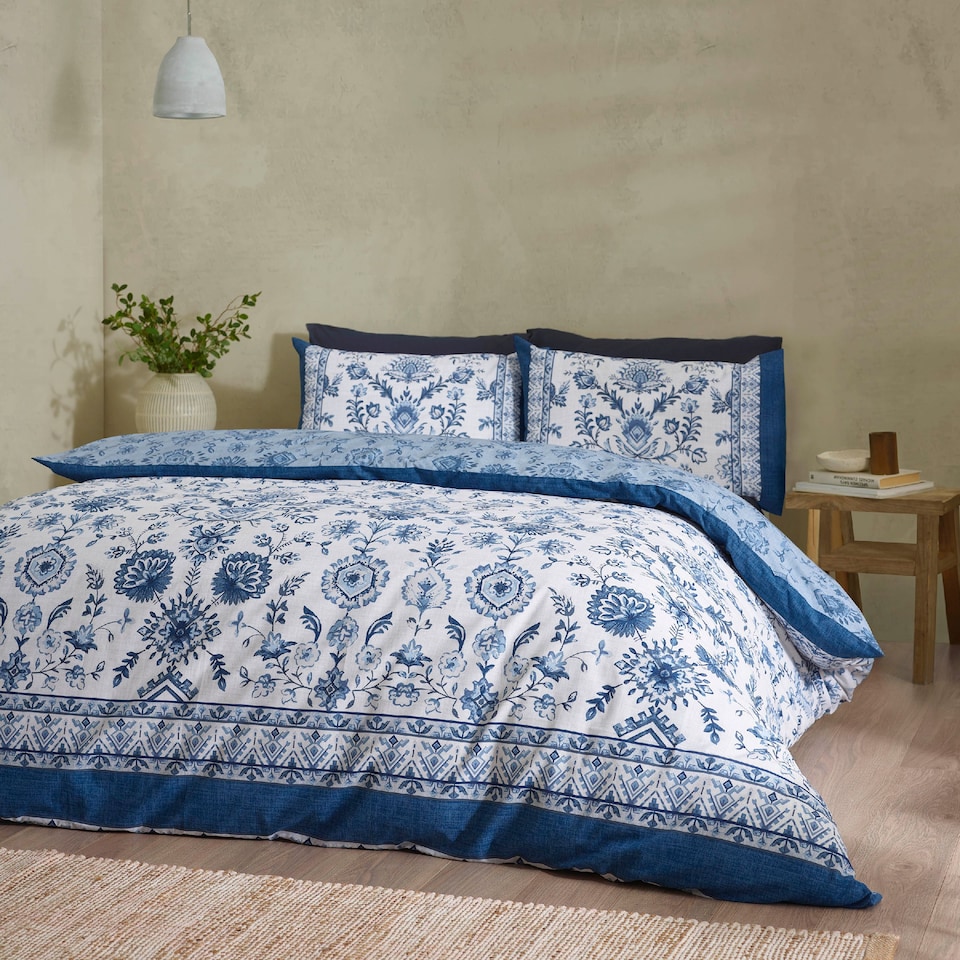 image 1 of Catherine Lansfield Zoukara Floral Reversible Duvet Cover Set | Blue | Double