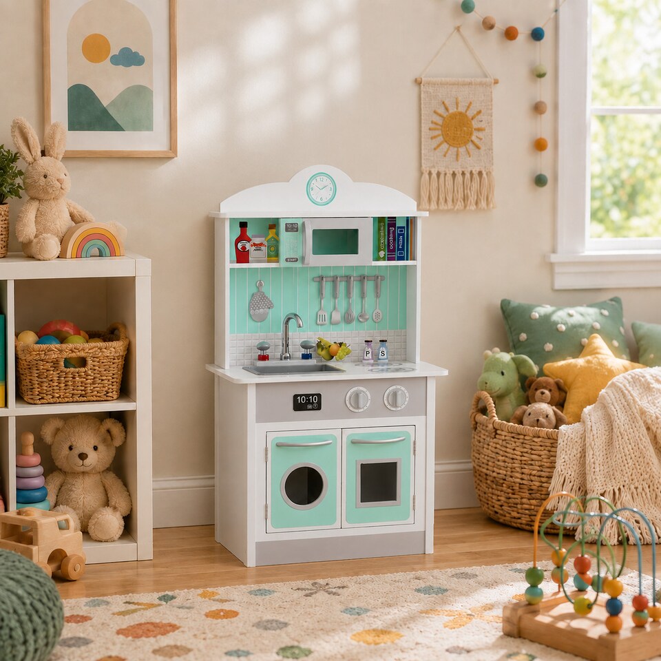 image 1 of Teamson Kids Wooden Play Kitchen with Sink, Oven and Storage, Madrid Red