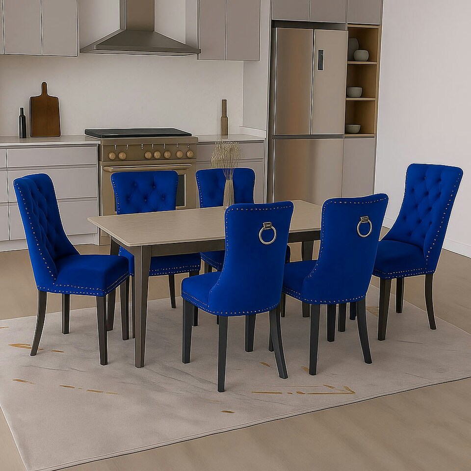 image 1 of Blue Set of Six Studded Velvet Dining Chair with Ring Knocker Detail Blue