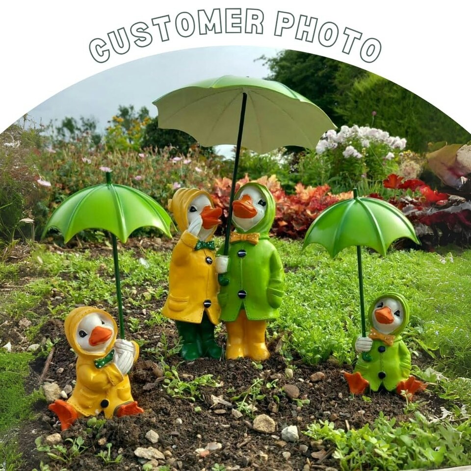 image 1 of Marco Paul 3pc Resin Ducks Family With Umbrellas Garden Ornaments