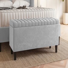90cm Lined Upholstered Ottoman Storage box - Silver Plush Velvet Blanket Storage Box with Wooden Legs