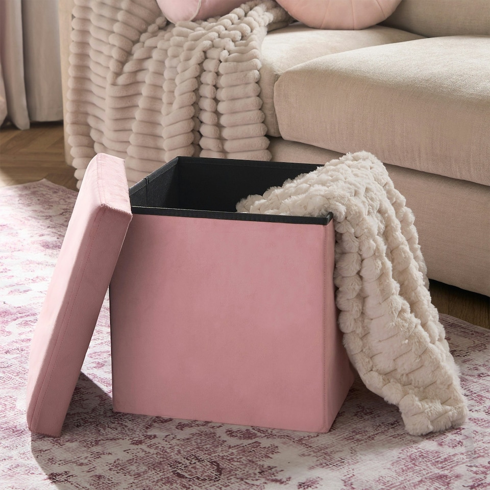 image 1 of OHS Matte Velvet Soft Foldable Cube Footstool Seat Storage Organiser Ottoman Pink | Blush Pink
