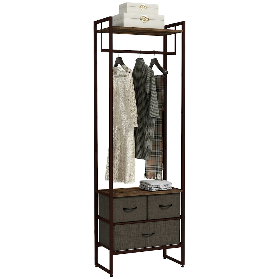 image 1 of HOMCOM Clothes Hanging Rail with 3 Fabric Drawers Storage Shelves for Hallway