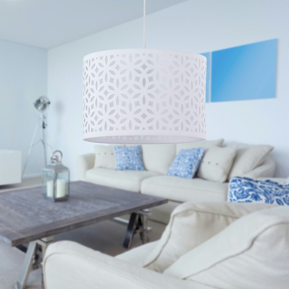 image 1 of First Choice Lighting Set of 2 White Laser Cut 33cm Pendant Lightshades White