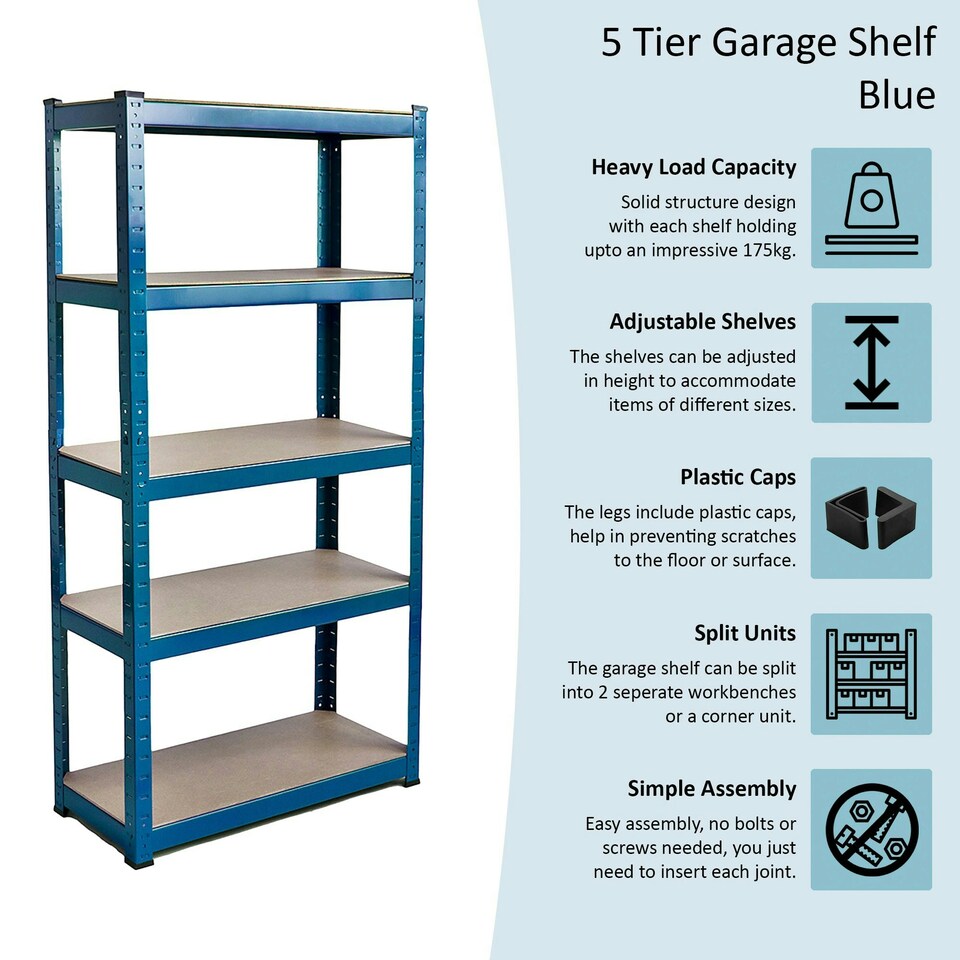 image 1 of Home Vida 5 Tier Large Heavy Duty Garage Shelves Adjustable Steel Shelving Storage Units - Blue - Holds 875kg - 1 Bay