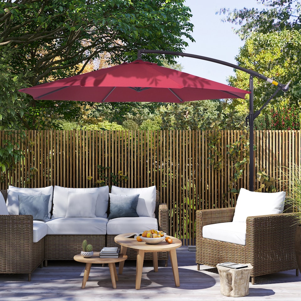 image 1 of Outsunny 3m Garden Banana Parasol Hanging Cantilever Umbrella with Crank Handle and Cross Base for Outdoor, Sun Shade, Wine Red