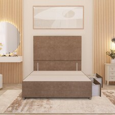 Divan Bed Base with 2 Drawers & Plain Floor Standing Headboard Plush Velvet | Brown | Beige