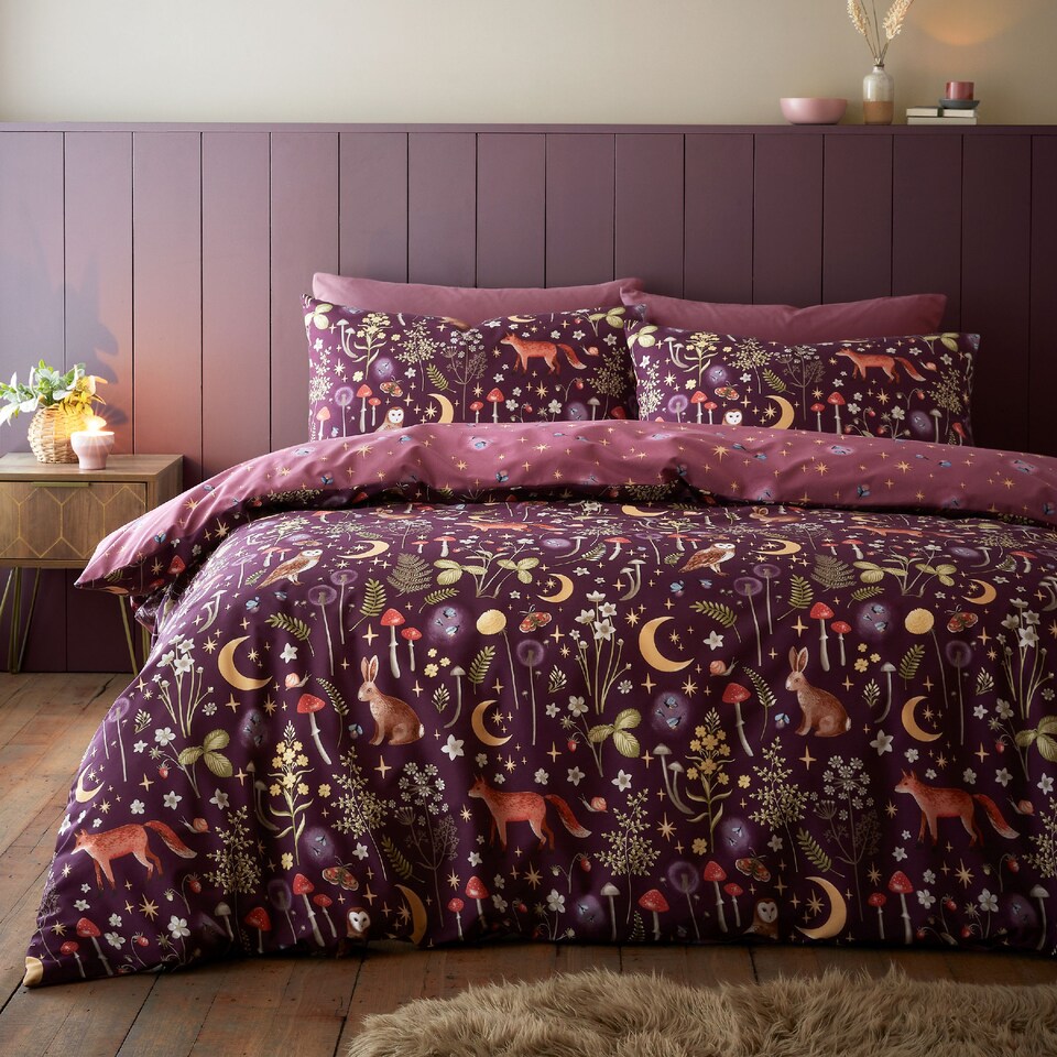 image 1 of Enchanted Twilight Animals Reversible Duvet Cover Set | Purple | Plum | Double