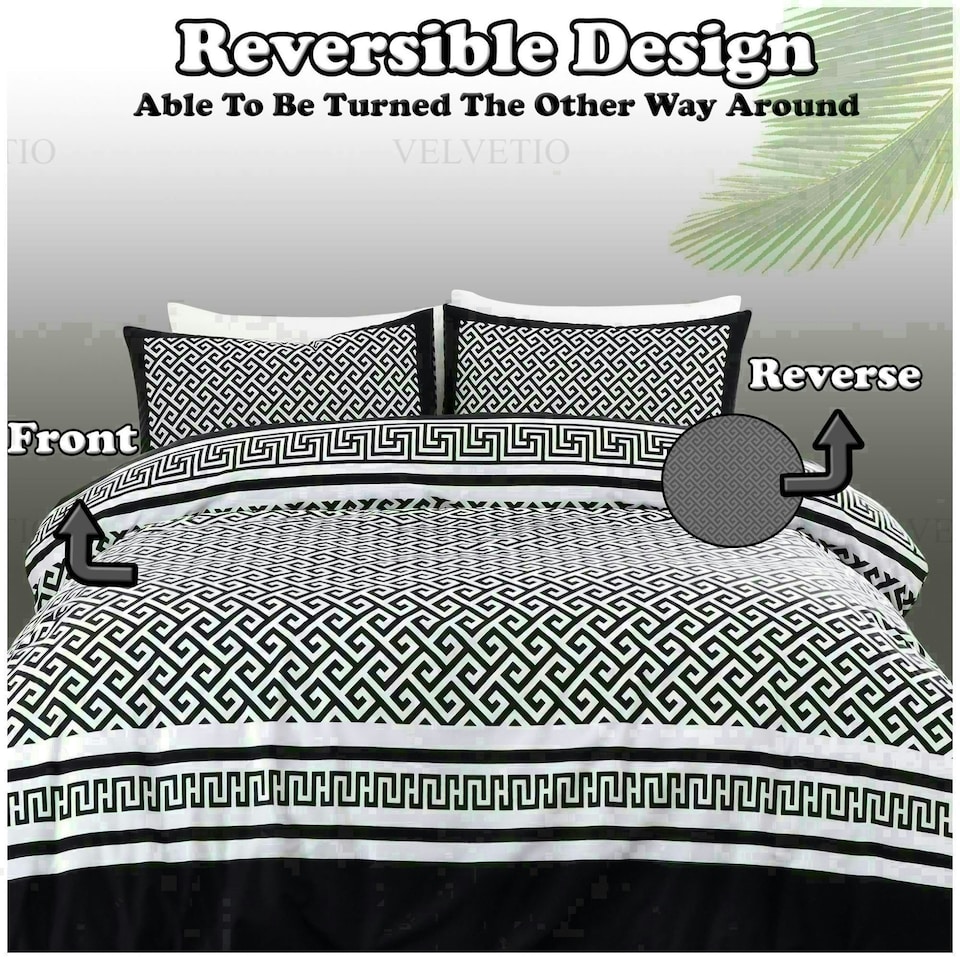image 1 of Meander Greek Printed Duvet Cover Set Reversible Polycotton Beddings Black | Double