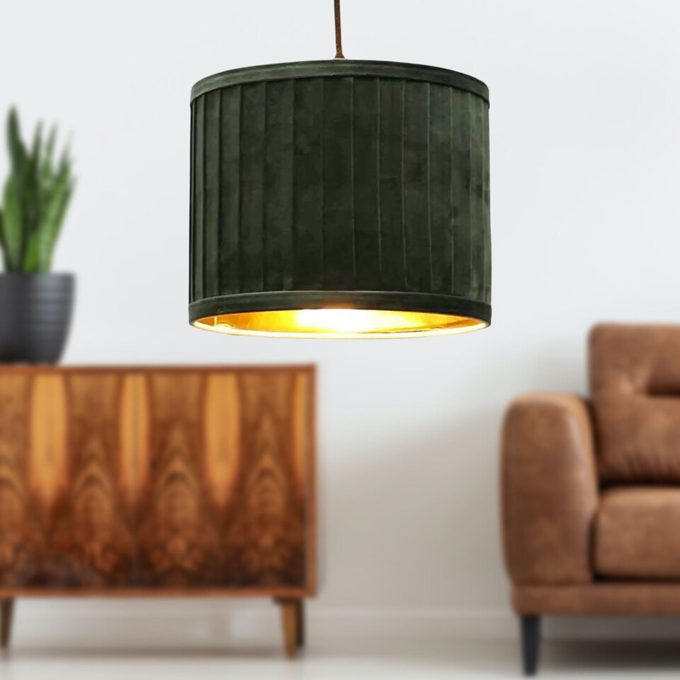 image 1 of Set of 2 Sundance - Dark Green Velvet Pleated 25cm Lamp Shades with Gold Inner | Green | Gold | Medium | 2
