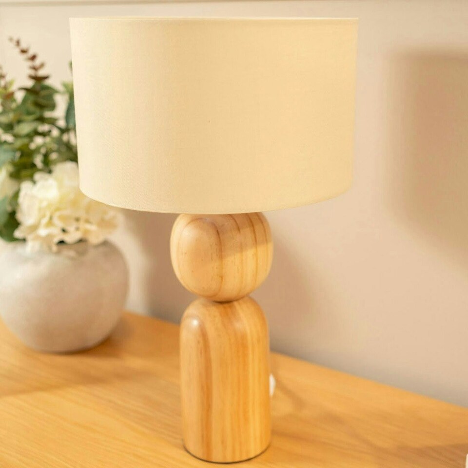 image 1 of ValueLights Azalea Rustic Wooden Bedside Table Lamp with a Natural Drum Lampshade