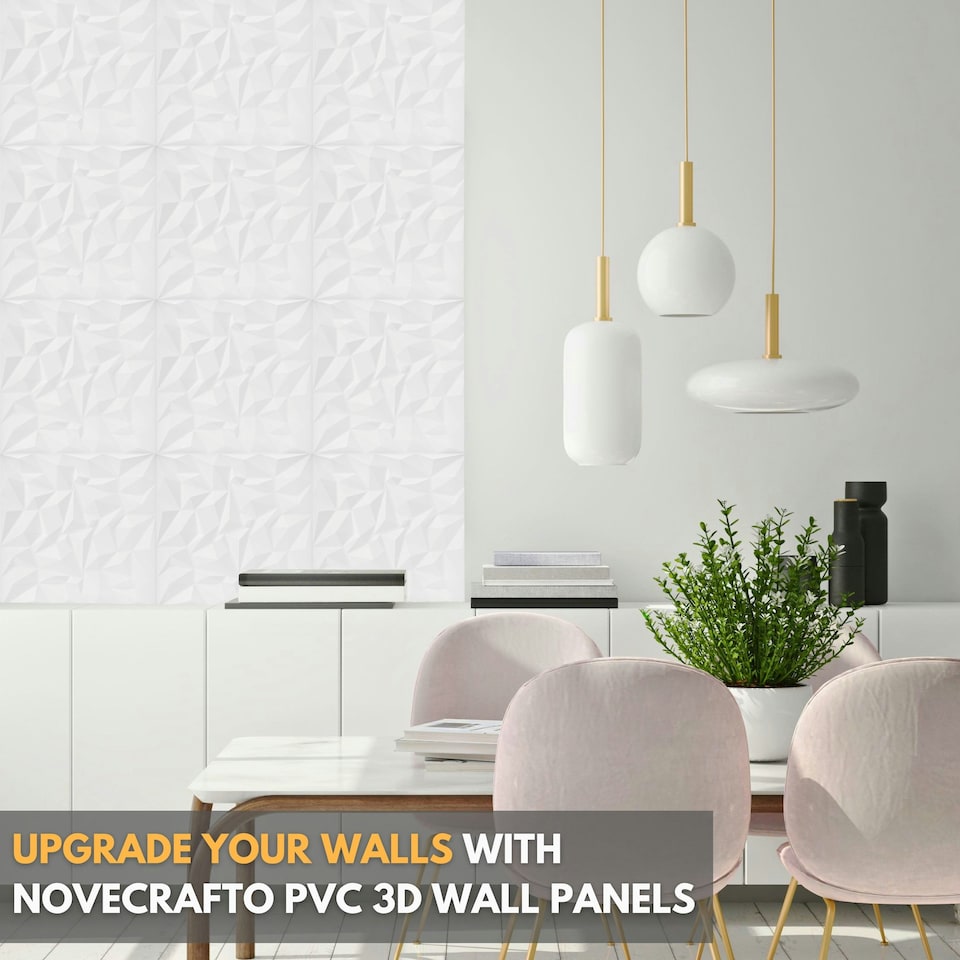 image 1 of NOVECRAFTO Diamond Effect 3D Wall Panels – 6 Sheets Covering 1.5 sqm (16.15 sqft) – Matte Interior PVC Cladding Tiles – 19.6"x19.6" Diamond Design Matt White