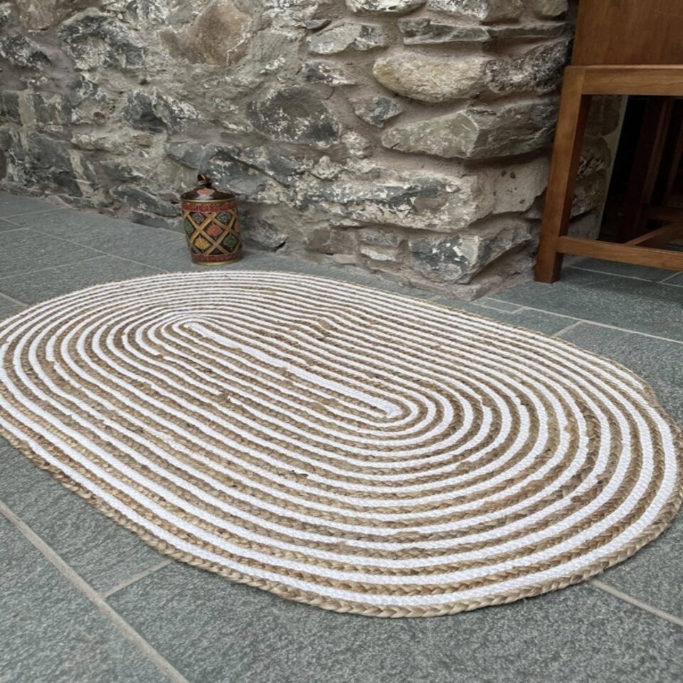 image 1 of CHAKKAR PALE Stripe Oval Jute Beige Hall Rug (CHAKKARPALE120X180V) White