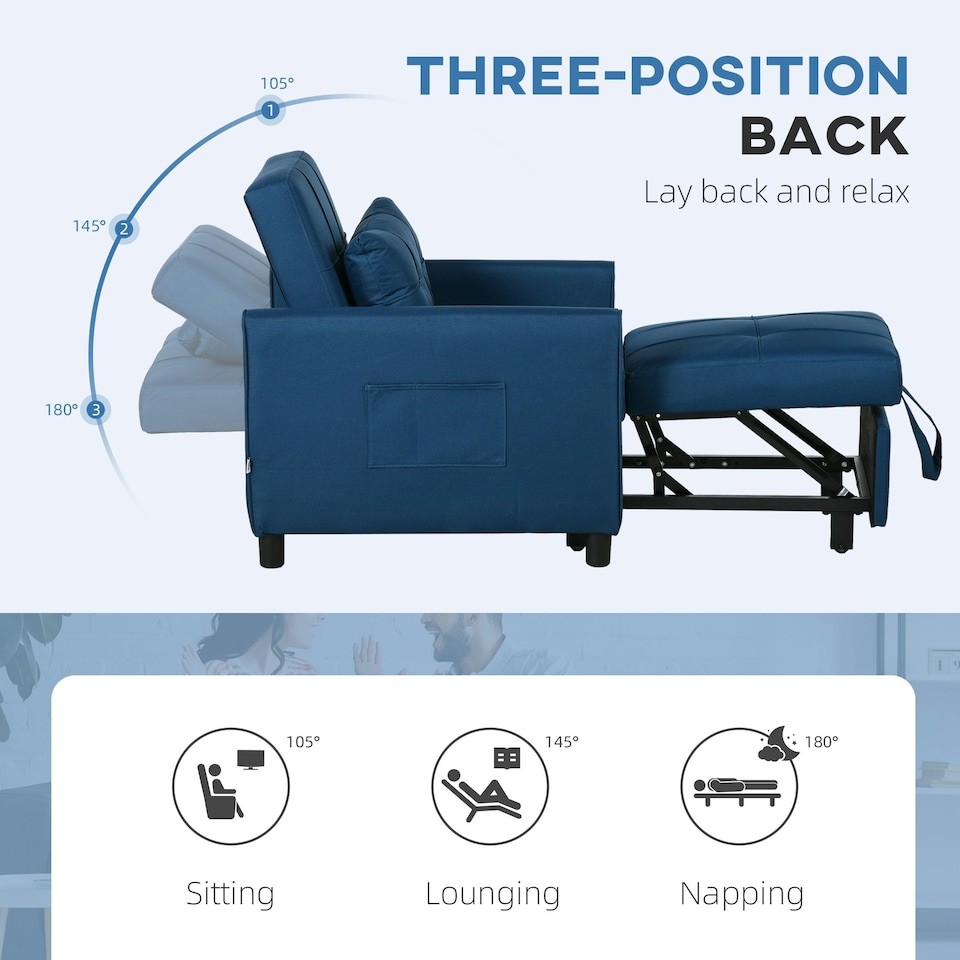 image 1 of HOMCOM Pull Out Chair Bed, Sleeper Chair with Pillow, Side Pockets, Blue